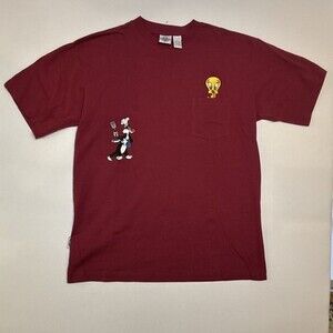 Vintage Looney Tunes Embroidery Tweety Bird & Sylvester Pocket Shirt Red Large L